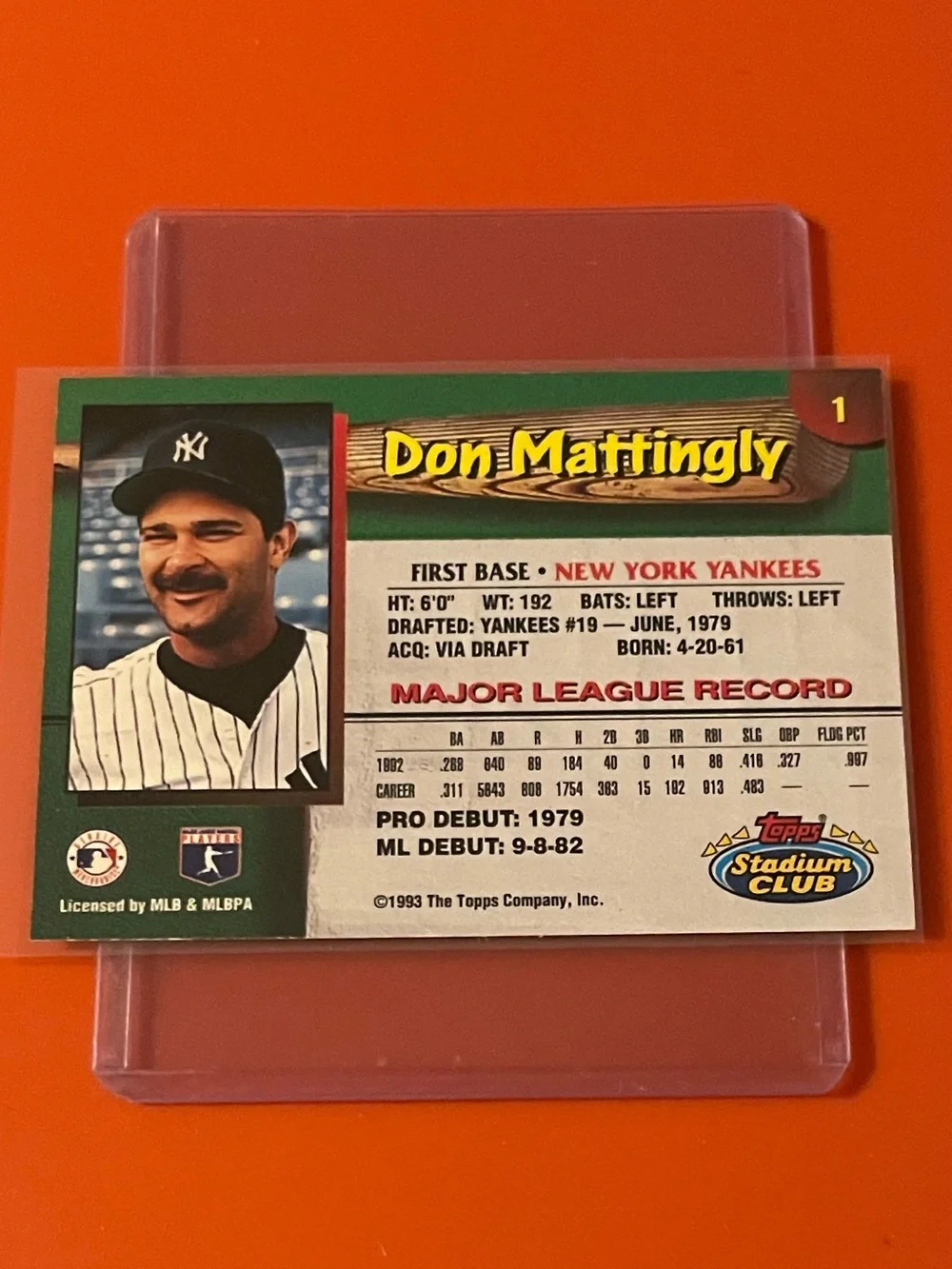 Don Mattingly #1 1993 Topps Stadium Club Yankees Baseball Trading Card